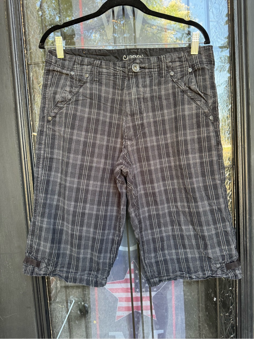 Vtg Y2K Carbon Plaid Bermuda Shorts Baggy Skater Grunge Sz 32